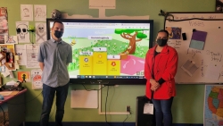 2 teachers in a classroom standing in front of a tv screen.