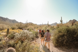 A group of people walking in a line outside in a desert area. 