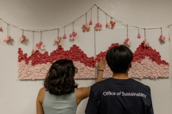 Two people standing with their backs to the camera, looking at an art exhibition hung on the wall in front of them.