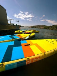 Multiple paddle boards floating in the water.