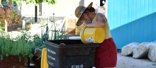 A woman pours food scraps from a yellow bucket into a large, black collection bin