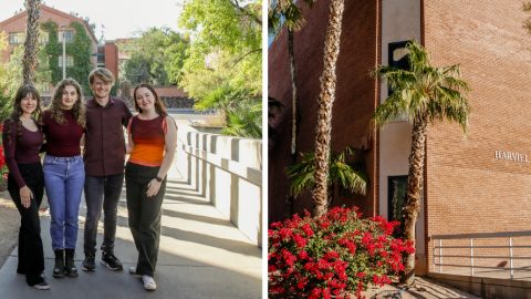 two images side by side: four students pose together for the camera; on the right, a brick wall of the Harvill building surrounded by plants and trees