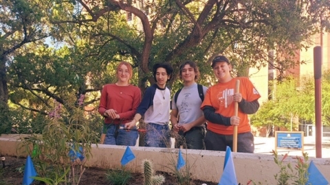 4 people standing behind an area where native plants where planted.