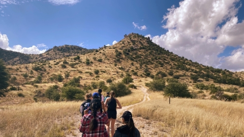 A group of people walking towards a hill.