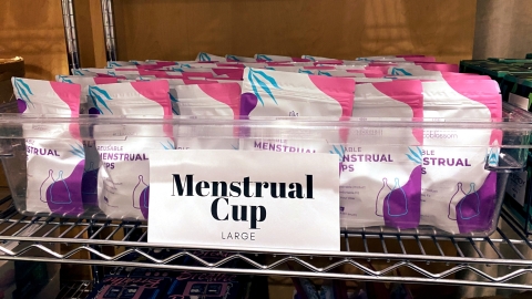 A bin of large menstrual cup bags.